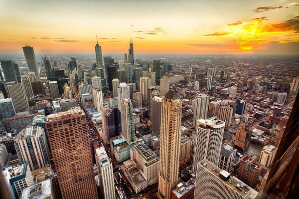 Sunset of the city of Chicago from a height