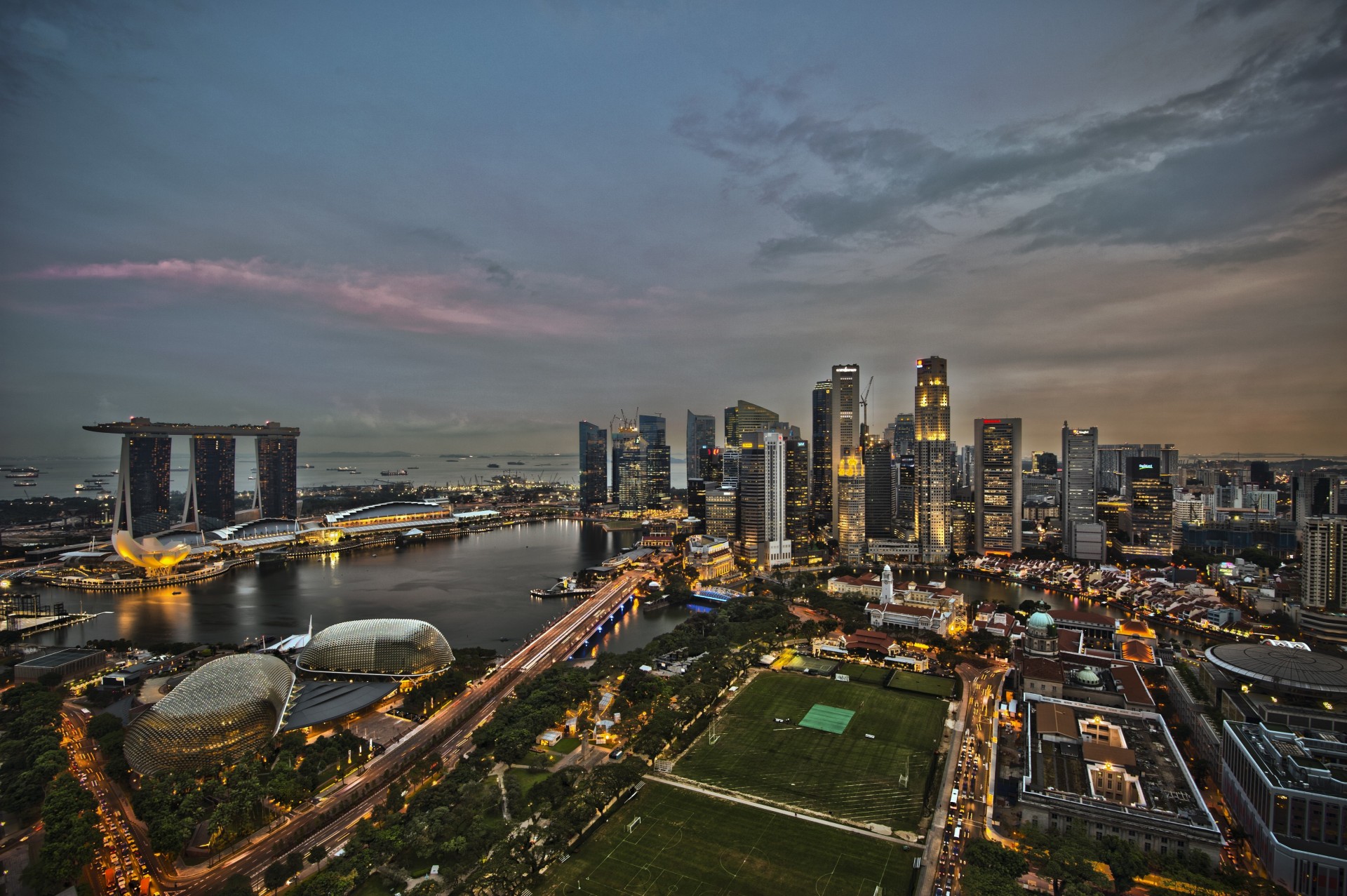 tadium tree panorama night road singapore hotel bridge house