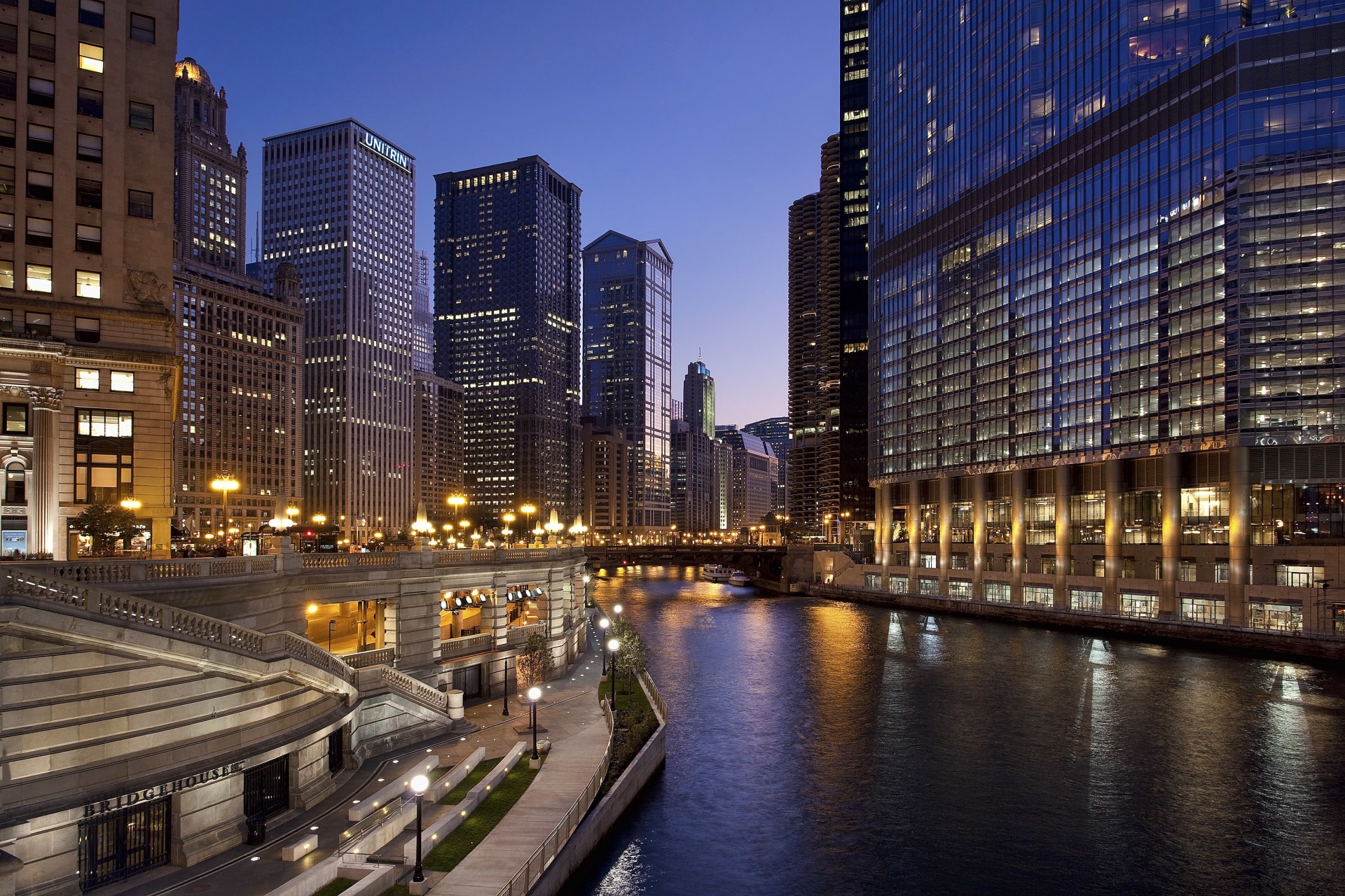 lights night river street bridge chicago united states house