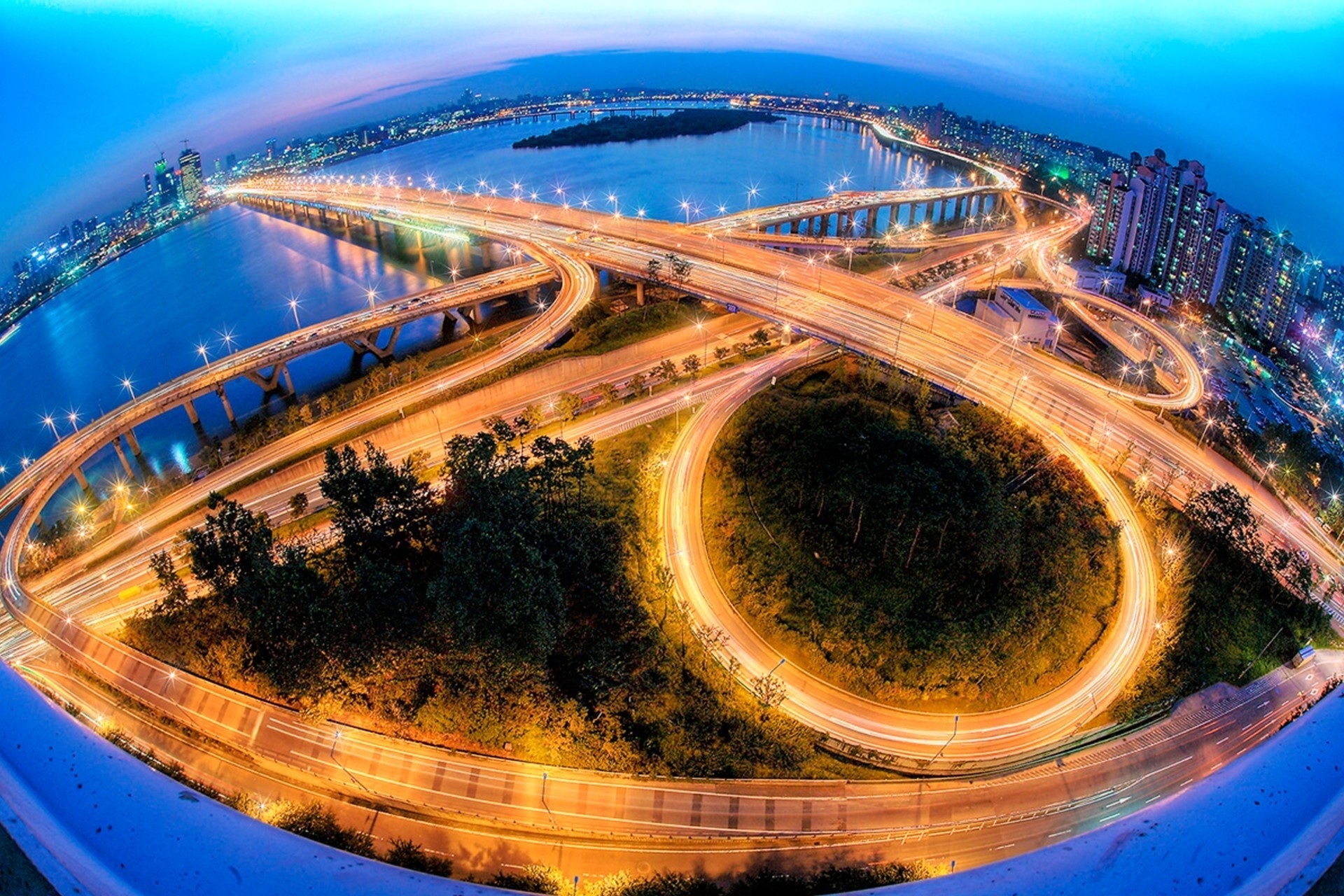 bâtiment nuit séoul pont rivière lumières vue