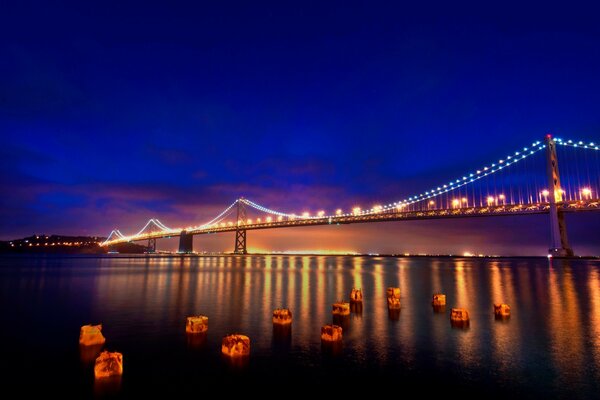 A long bridge in bright lights