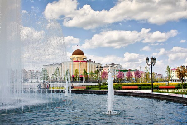 Fontam in Grozny su uno sfondo di fiori