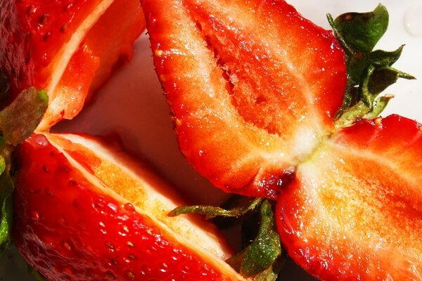 Macro photo of strawberry halves