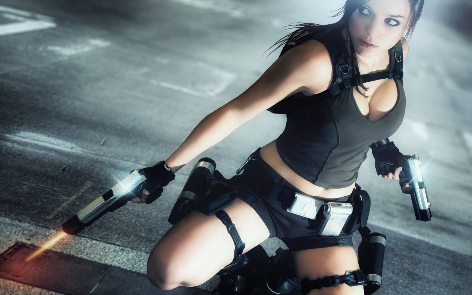 kobieta latająca forteca cosplay dziewczyna brunetka lara croft szary