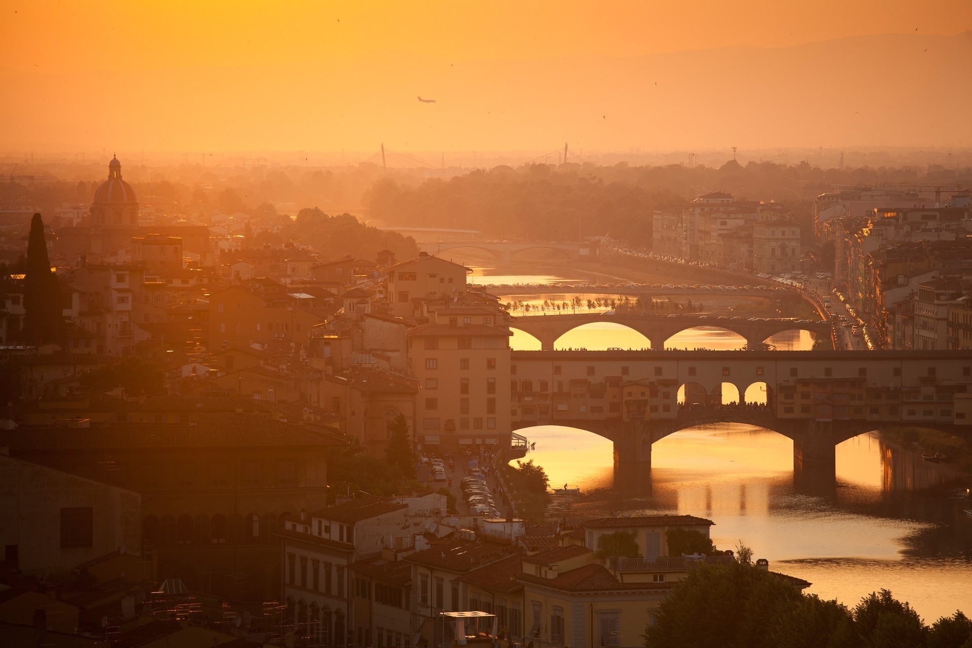 building sunset river bridge town