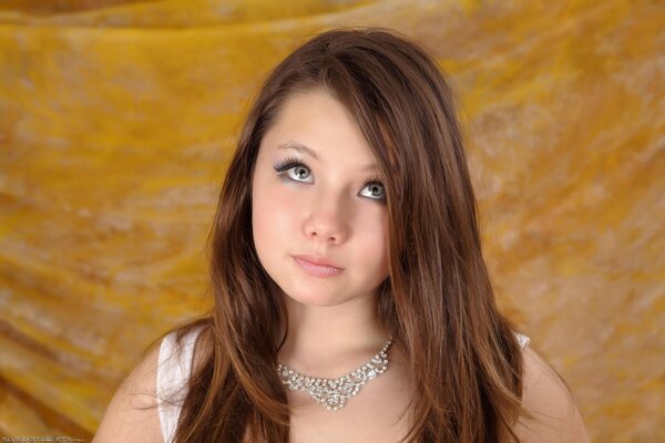 Brunette réfléchie avec un maquillage délicat dans un collier avec des strass