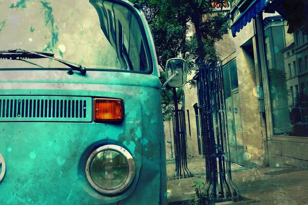 A light green truck parked on the street