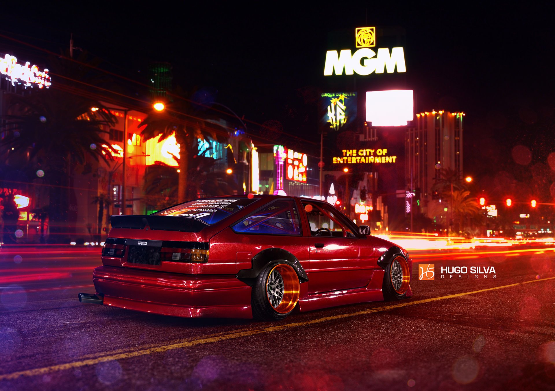 toyota corolla ae86 position rot nigth las vegas räder hinten von hugo silva