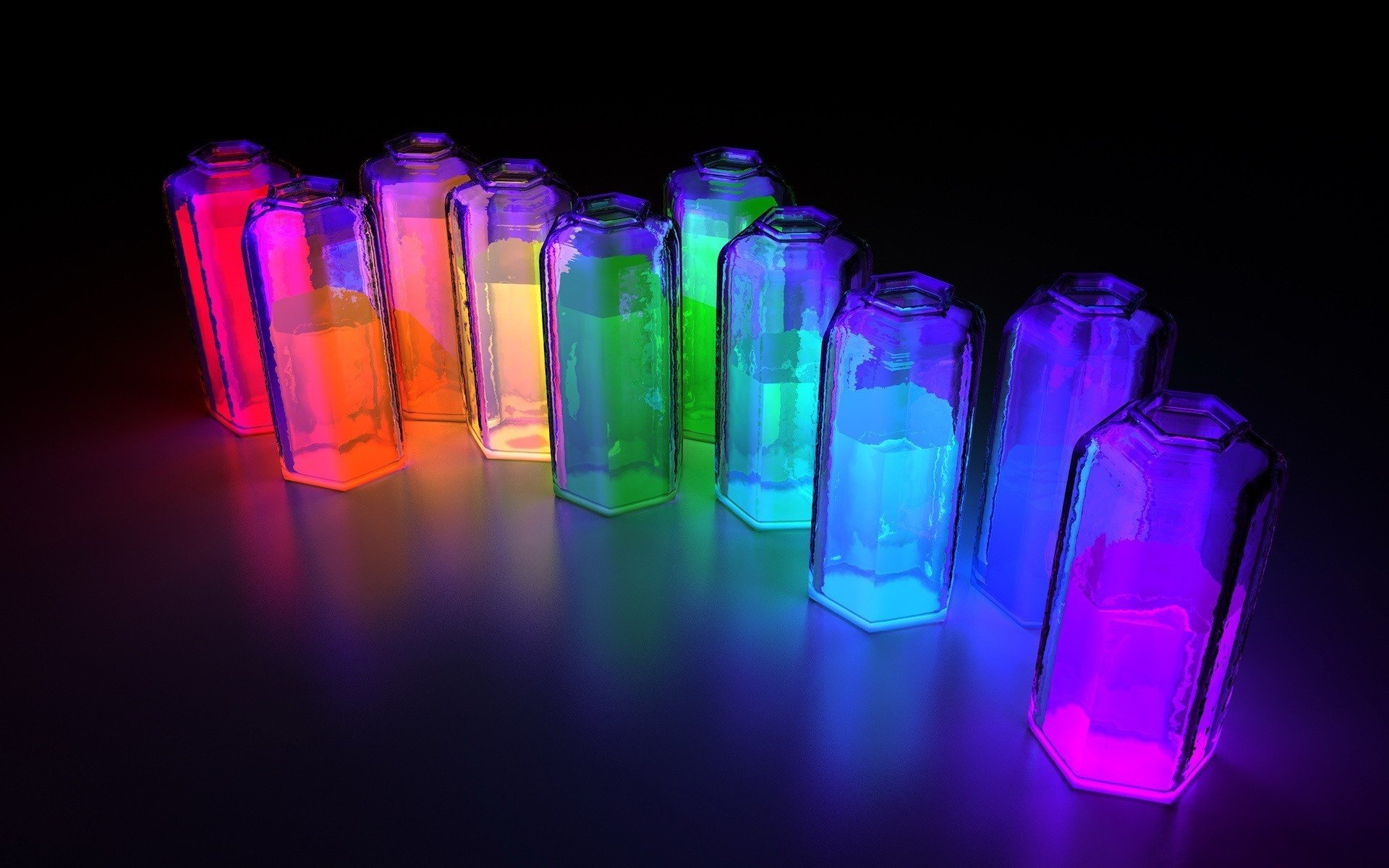 jars backlight the colors of the rainbow fantasy black background abstraction