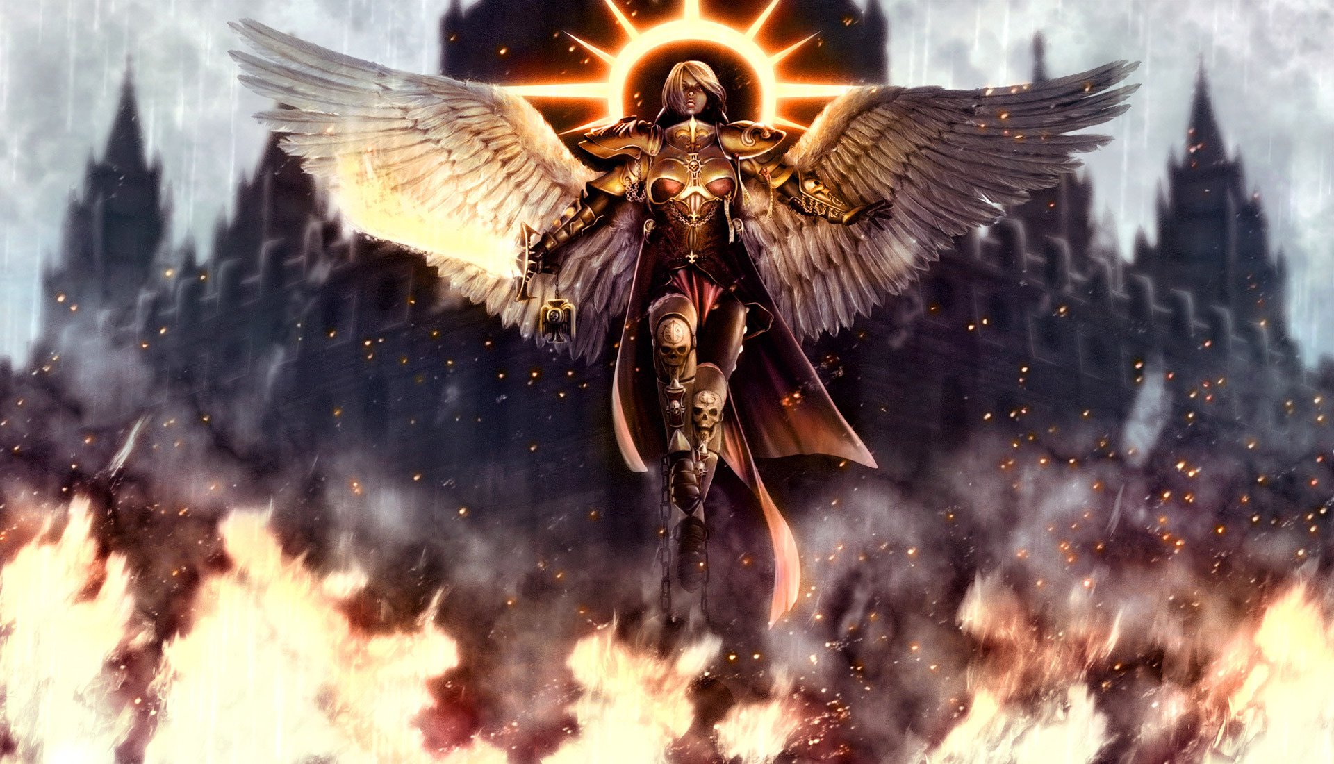 martyr warhammer 40 000 angel wings saint halo fire armor armor cathedral fantasy chains girl sword game magic drawings anime