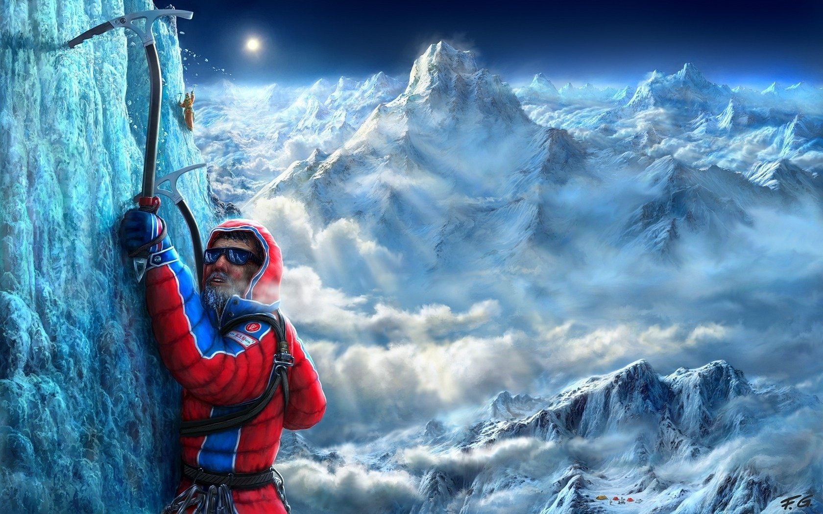 climbing vertical limit mountains climbers snow clouds night ice cold frost climber rocks open the rise the sun extreme