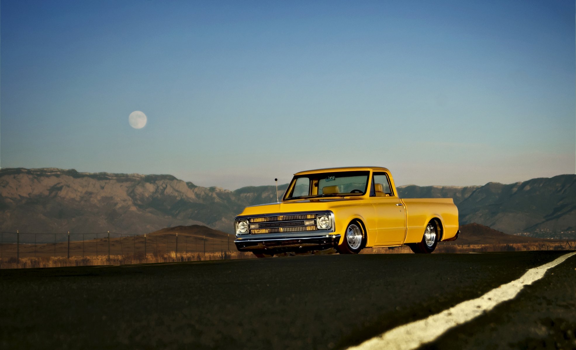 chevrolet c10 1969 front light wheel road hills moon sky the field fence