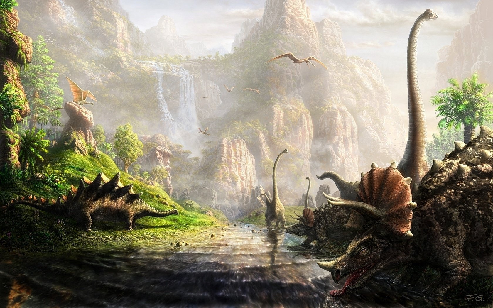 la tierra de los dinosaurios dinosaurios naturaleza dibujo río agua montañas sol cascada vegetación dibujos anime utopía