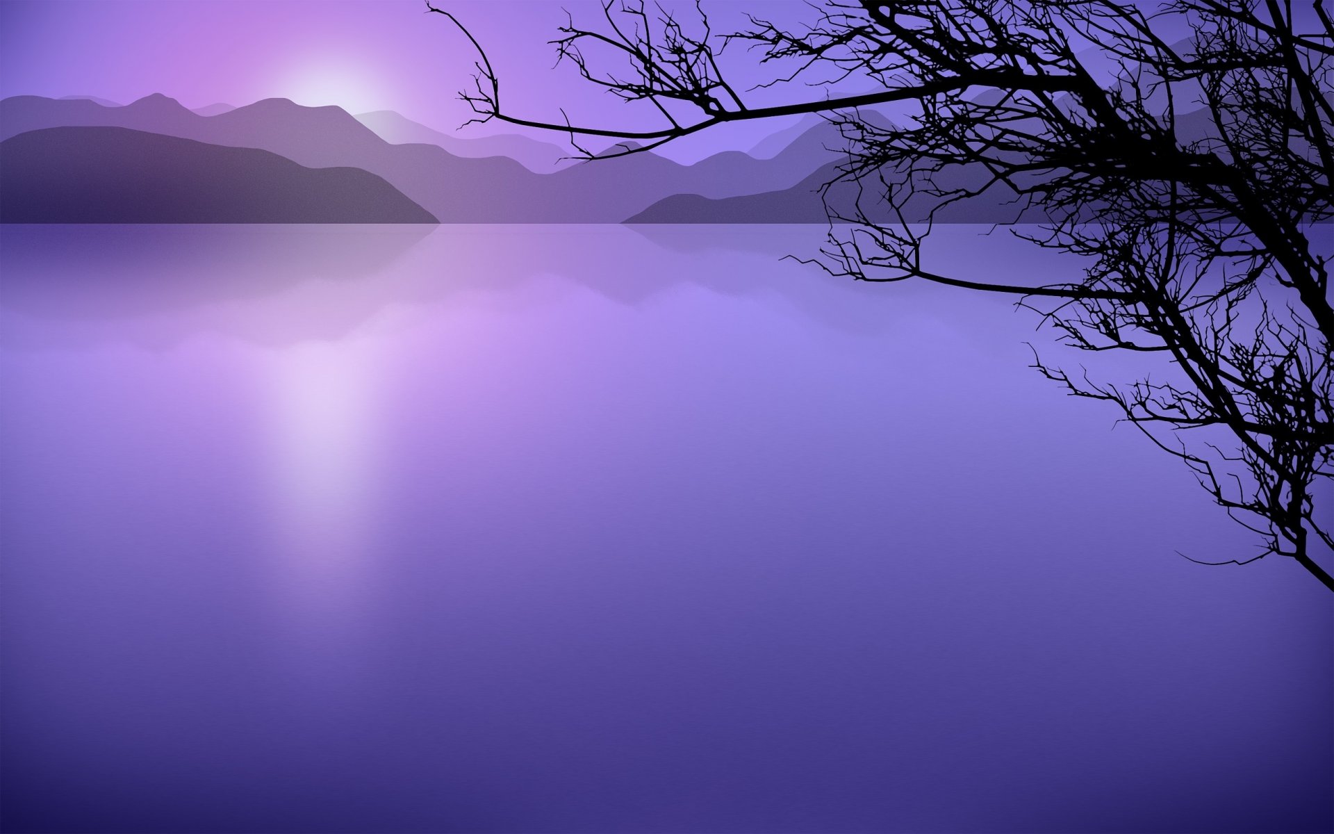 lake mountains the branches of the tree water sunset landscape lilac surface tale