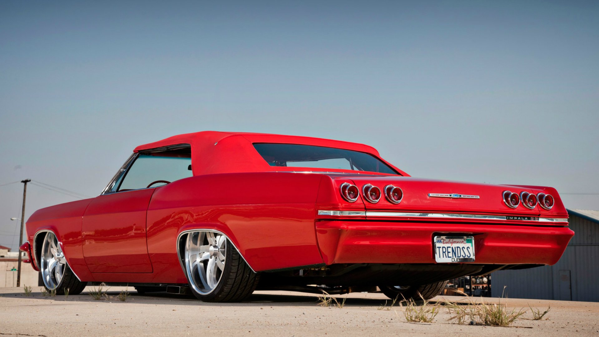 chevrolet impala 1965 shivrolet red machine summer sky town street