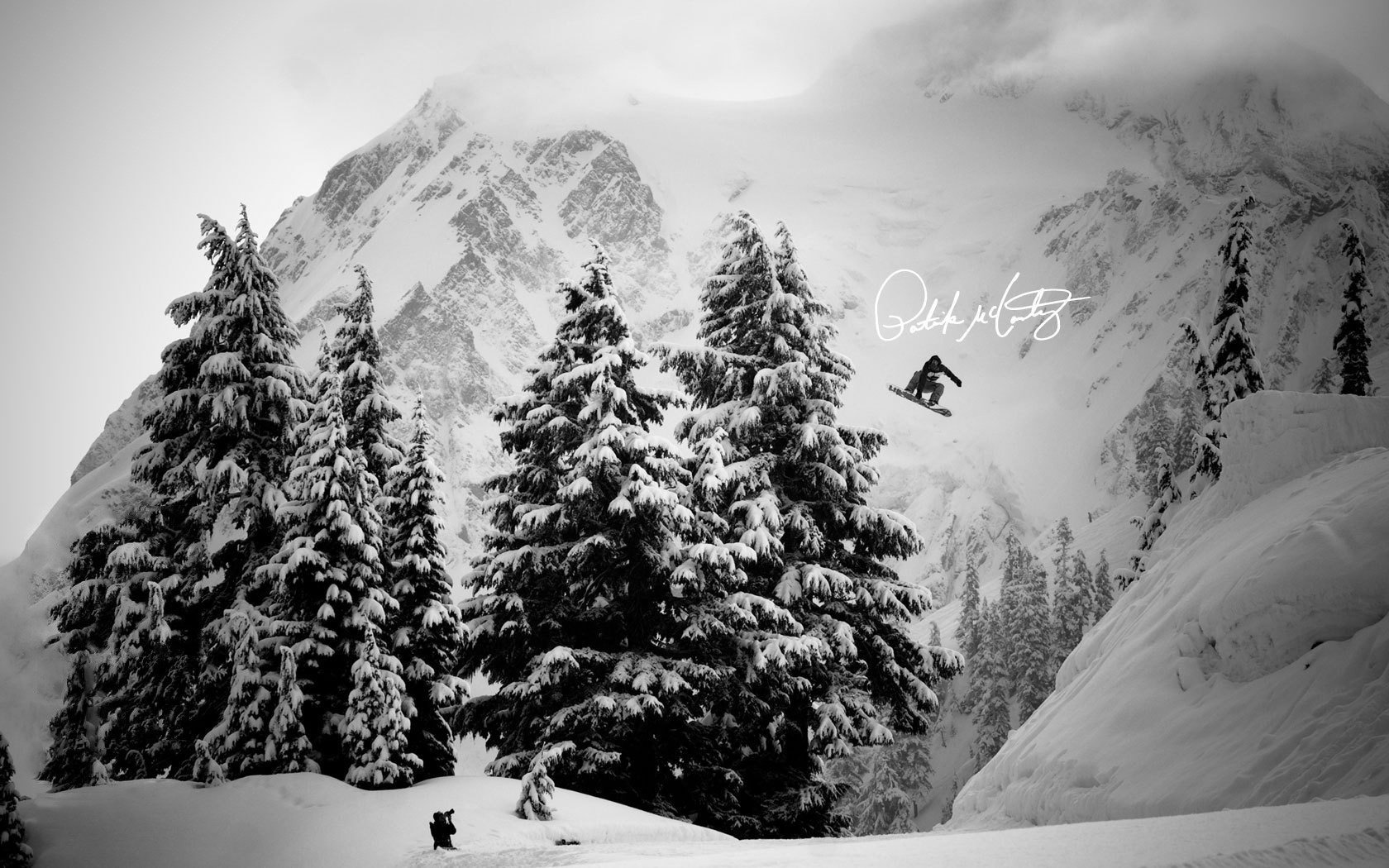 nowboards sa volare in un cumulo di neve snowboard salto incredibile fotografo vista montagna neve inverno alberi di natale alberi bw