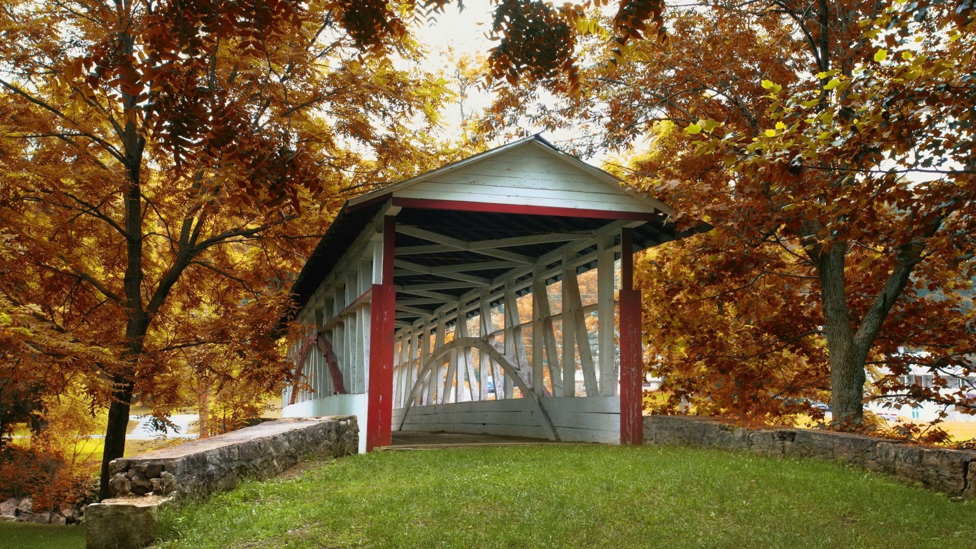 the bridge stones trees colorful foliage forest park falling leaves golden time indian summer yellow leaves the colors of autumn