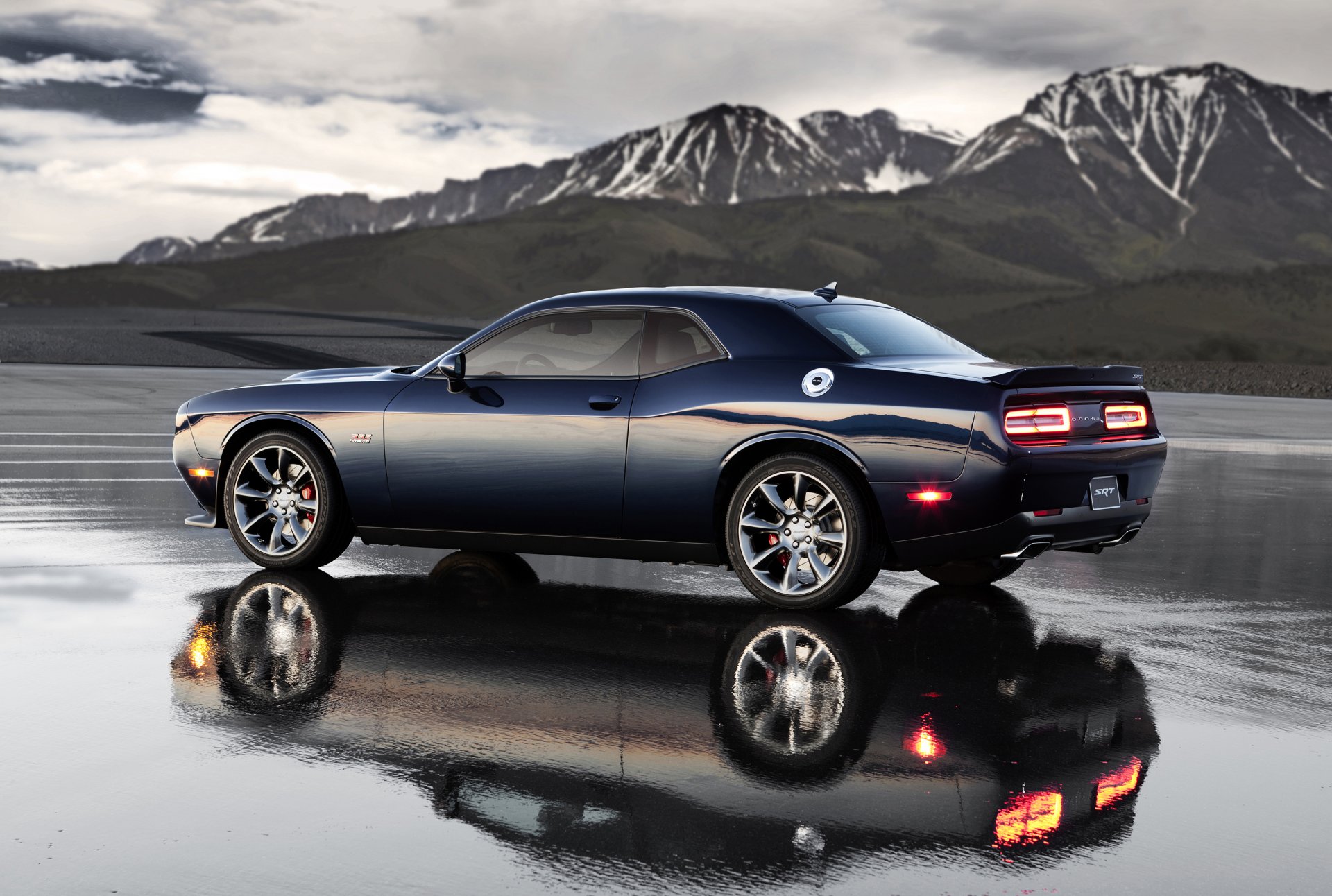 dodge challenger srt hemi muscle car water reflection mountain landscape