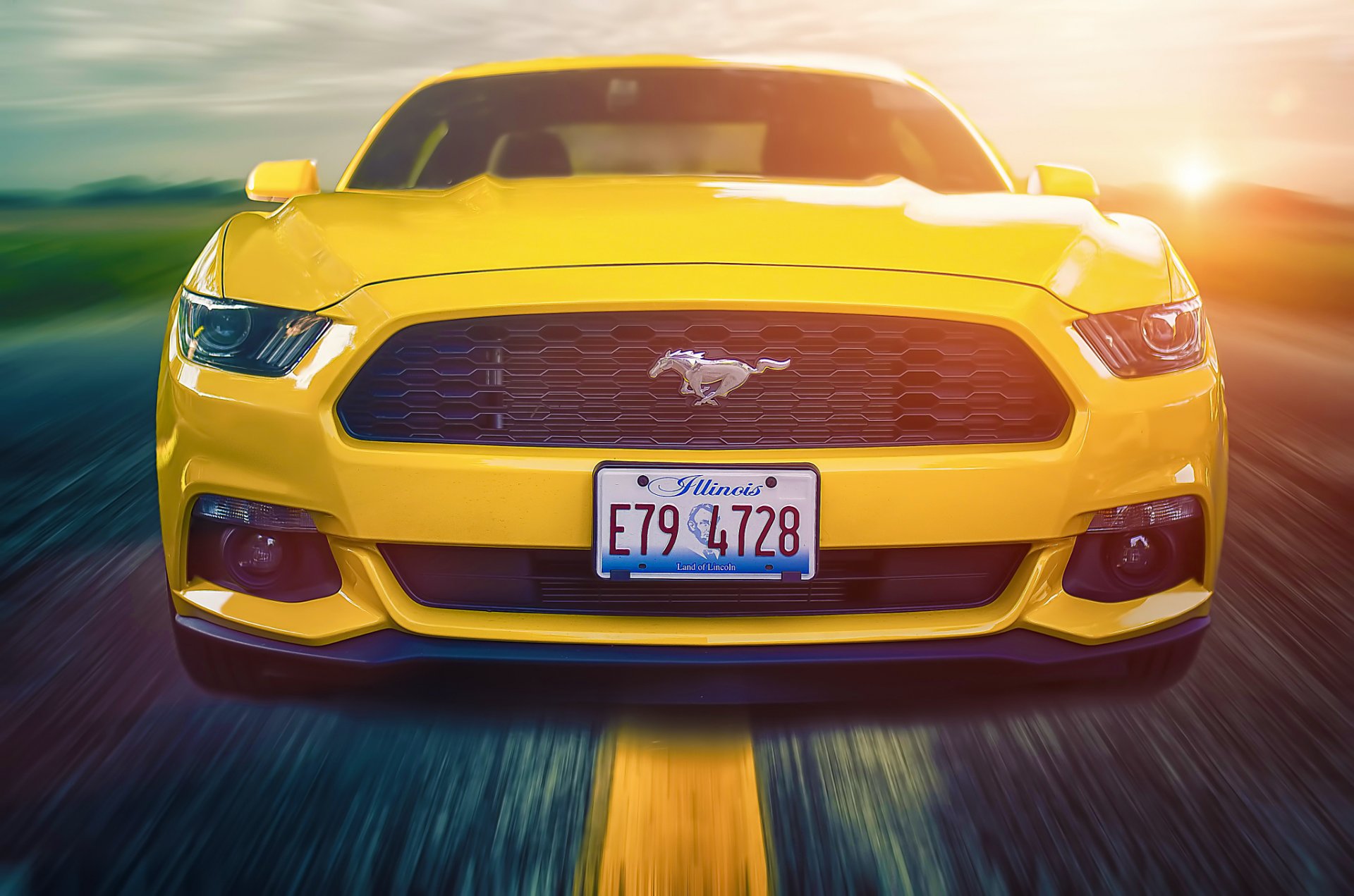 ford mustang 2015 amarillo compuesto músculo coche sol carretera frente