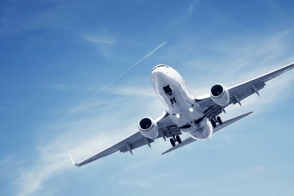 A flying plane on a blue sky background