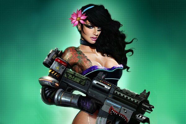 A brunette with a flower in her hair and a tattoo on her arm holds a machine gun in her hand