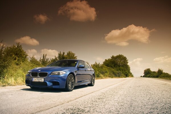 Racing blue car on the road