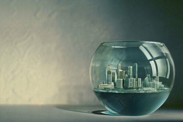 Creative composition city in an aquarium on the water