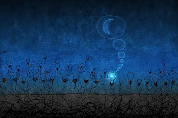 Dibujo abstracto de la Luna azul y el bosque de las bombillas