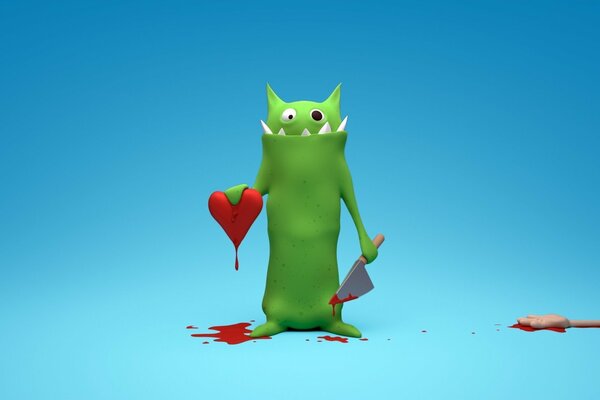 A green weirdo with a carved heart and a knife in his hand