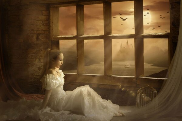 Una chica con un vestido blanco se sienta en el Suelo frente a la ventana, donde se ve un enorme castillo