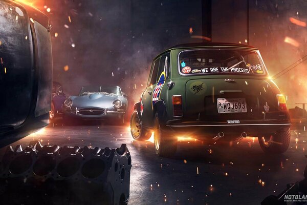 Two cars 1275gt and 1975 surrounded by sparks