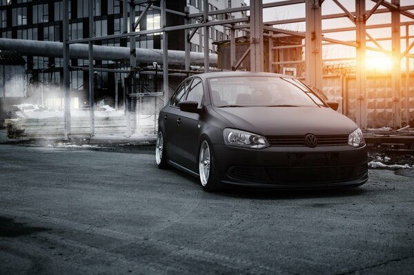 Volkswagen polo on the territory of an abandoned factory