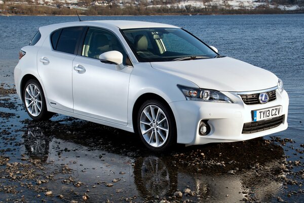 Coche lexus cerca del lago en una tarde de otoño