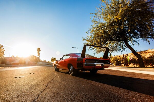 Viejo Dodge junto a un árbol en el fondo de la puesta de sol