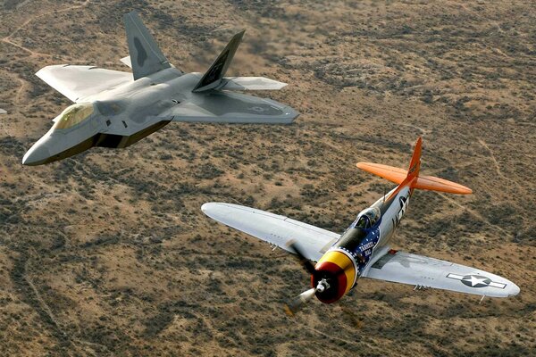 Jet and propeller aircraft f-22 raptor