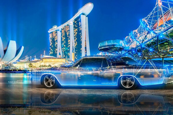 In the city at night, a blue car glows with a bright light