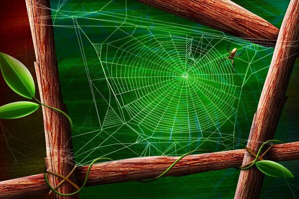 Drawing of a tree branch. A spider spun a web on a green background