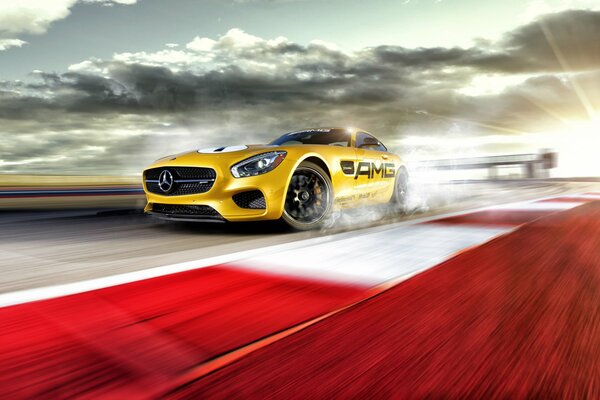 Mercedes-Benz yellow on the race track