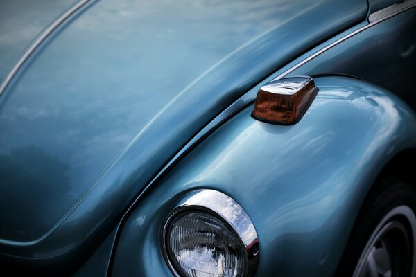 The headlight of a blue polished beetle