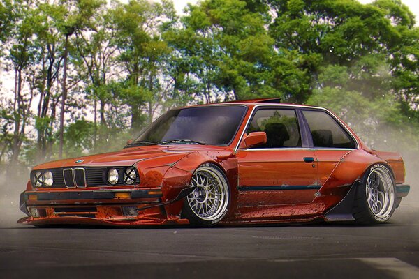 Roter BMW E30 seitlich beim Driften