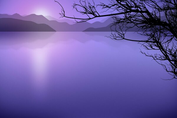 Lago de montaña y ramas de árboles en tonos lila