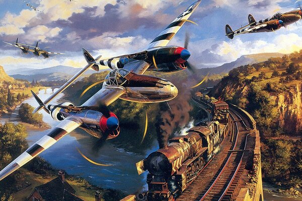 Trois avions dans le ciel au-dessus d un train qui passe
