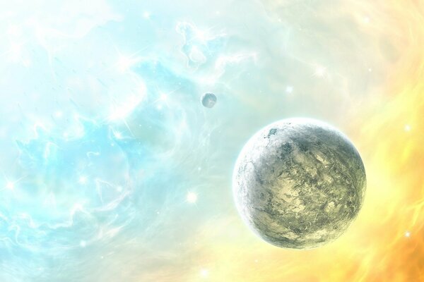 A gray planet against the background of heavenly multicolored streaks