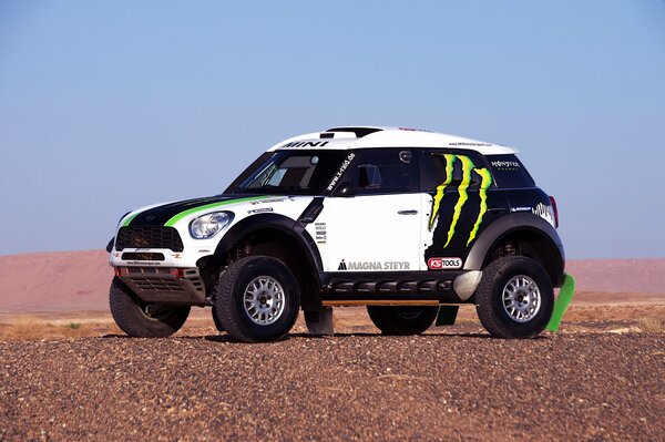 Rally Dakar. El SUV se encuentra en medio de una colina y un cielo azul