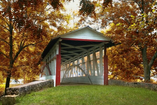 Covered bridge under autumn trees