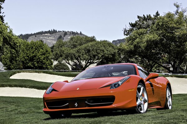 Red Italian Ferrari on the background of nature