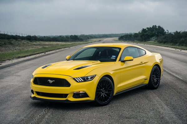 Żółty Mustang na drodze na tle szarego nieba