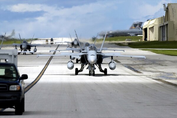 Fighter bomber on the runway in