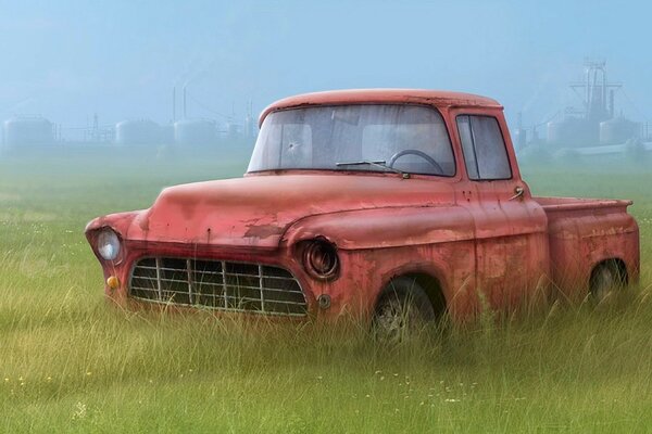 Drawing of a broken truck in a field