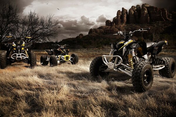 ATVs on the background of rocks. Dark atmosphere